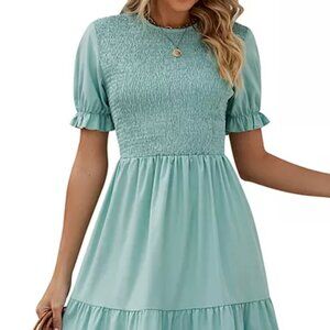 Women's Short Sleeve Smocked Midi Dress Casual Elastic Waist Tiered A Line Maxi